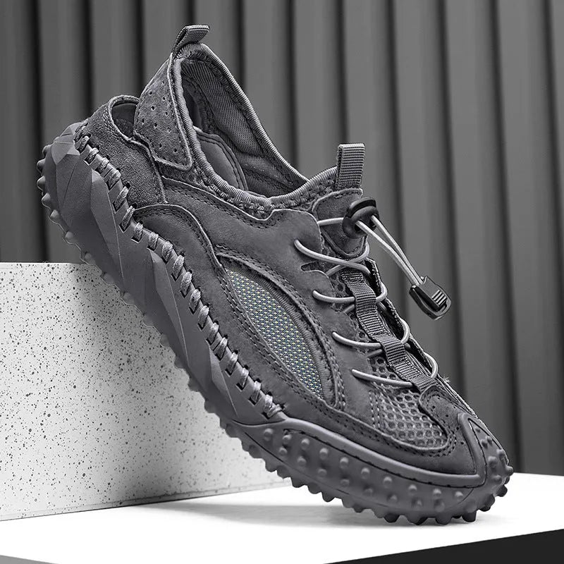 Men's black waterproof sports sandals with leather mesh upper and elastic band fastening