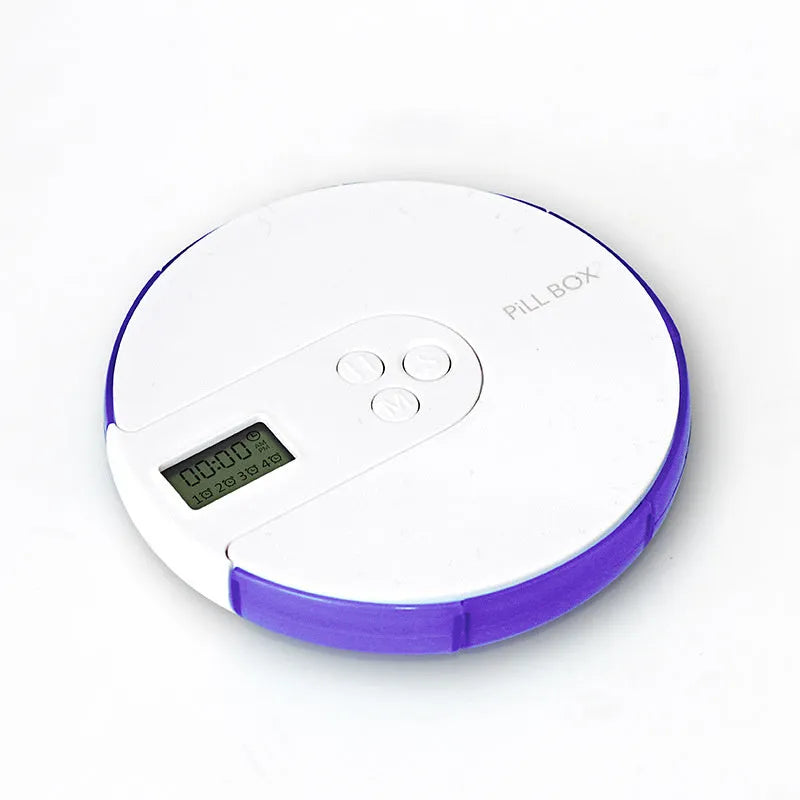 Blue 7-day pill organiser with digital alarm clock display and timer buttons