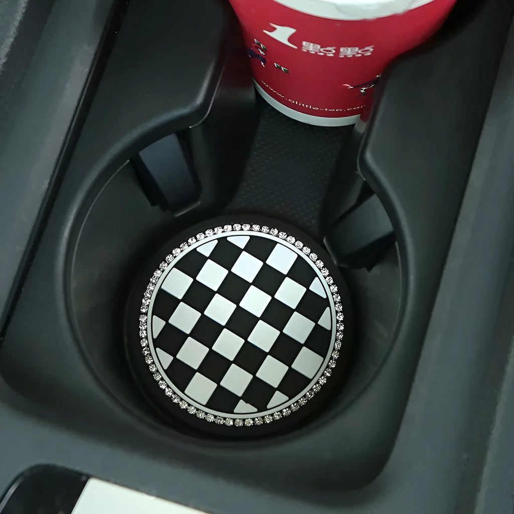 Universal car cup holder mat in PVC plastic with non-slip surface showing four pattern options