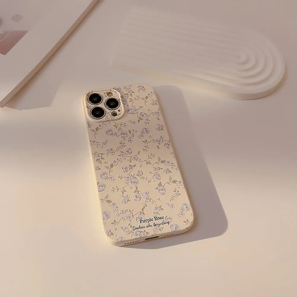 Korean vintage floral TPU phone case for Apple iPhone with painted flowers in embroidered green, water blue, or white colourway