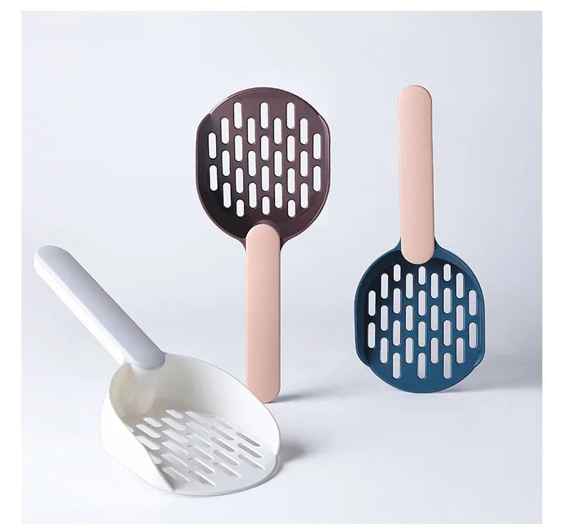 Blue plastic cat litter shovel on a white background showing its size and scoop shape.