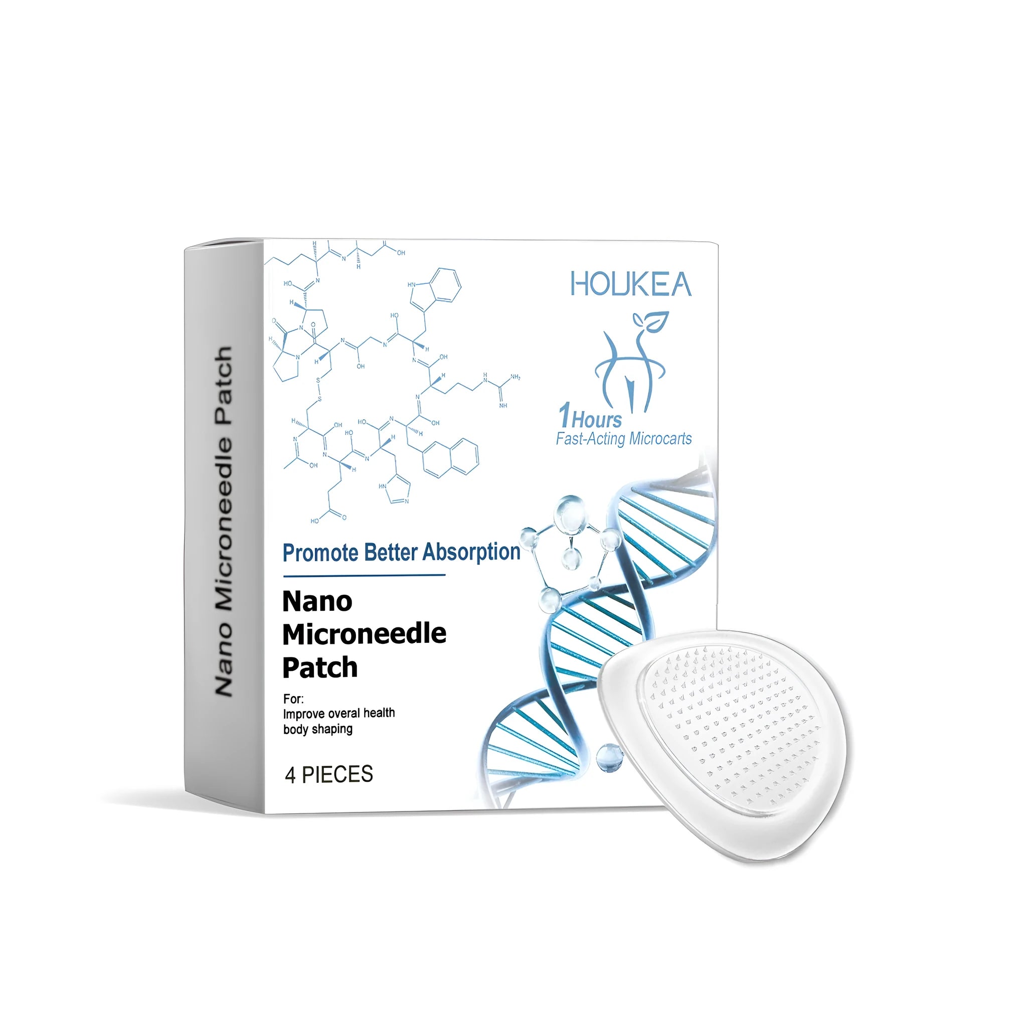 Four nano microneedle patches in packaging with botanical ingredient list including Paeonia lactiflora and cinnamon oil