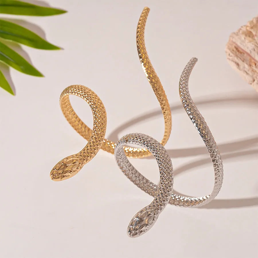 Gold electroplated metal exaggerated twisted winding snake ring and bracelet jewellery set