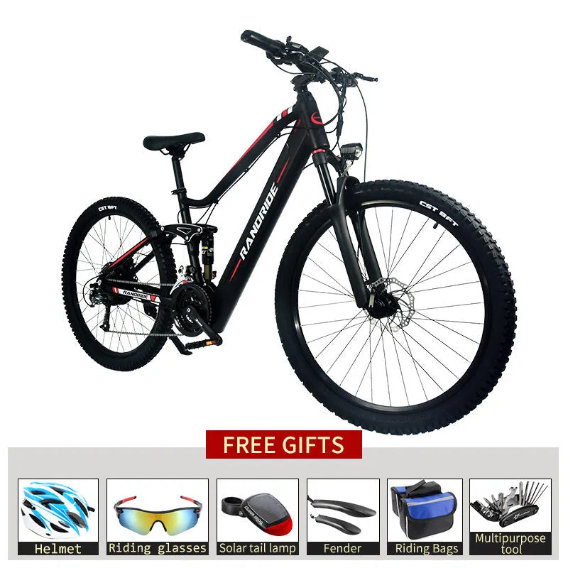 Electric mountain bike black red with 27.5 inch wheels full suspension aluminium alloy frame