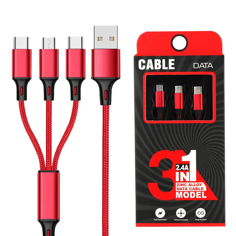 Three-in-one braided charging cable showing red, blue, gold, black, silver, and rose gold colour options