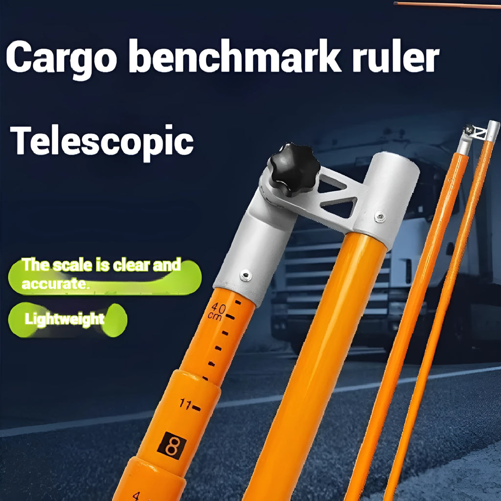 Telescopic fibreglass height measuring rod extended, showing clear scale markings, for checking truck and cargo height.