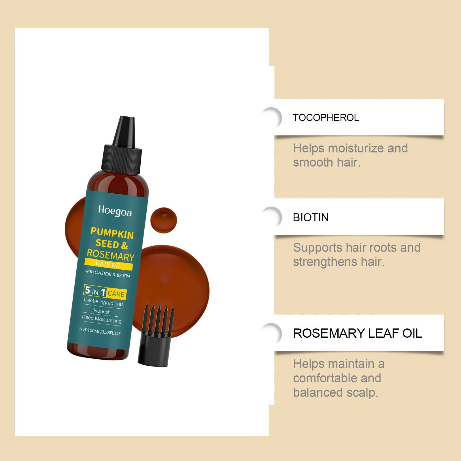 Rosemary hair essential oil bottle with pointed nozzle and hair comb