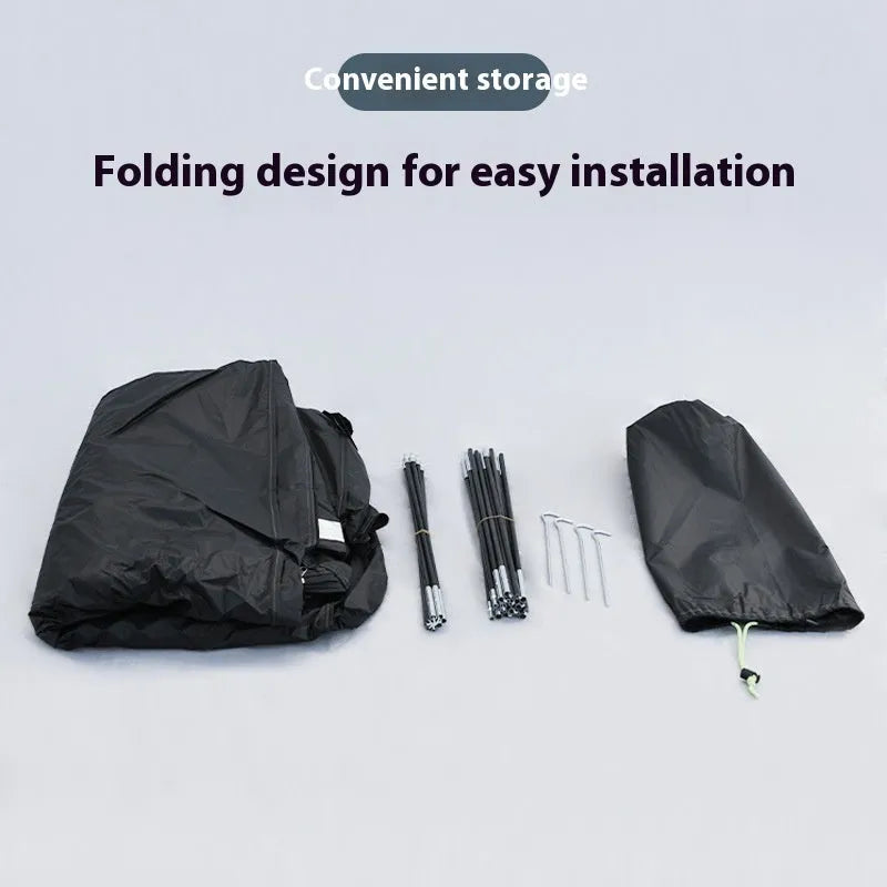 Black outdoor bicycle storage tent showing roof design and dimensions for two bikes