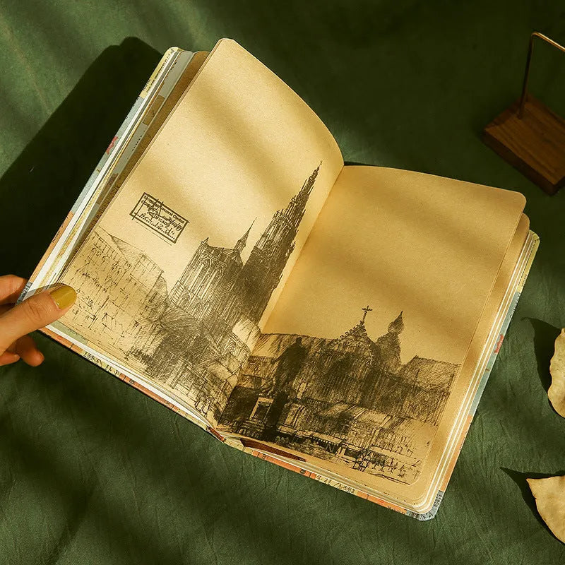 A5 kraft paper mood notebook with retro illustration cover in blue, coffee, or red, showing coloured pages.