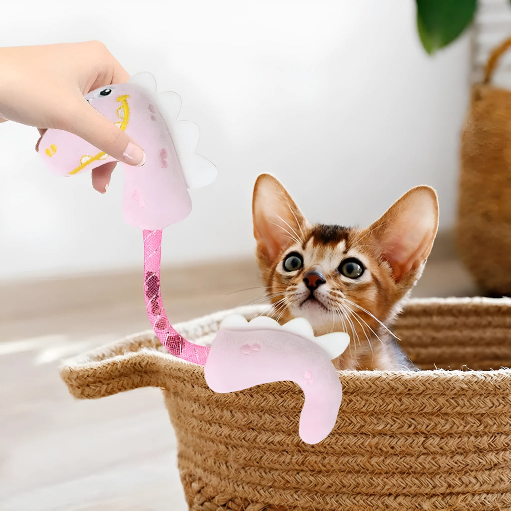 Four interactive cat toys including catnip rope, springs, plush mouse, fish, and bunny on white background