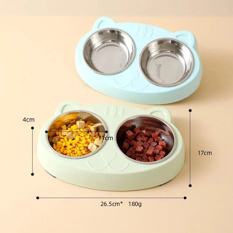 Blue macaron-shaped plastic pet feeder with two bowls for food and water