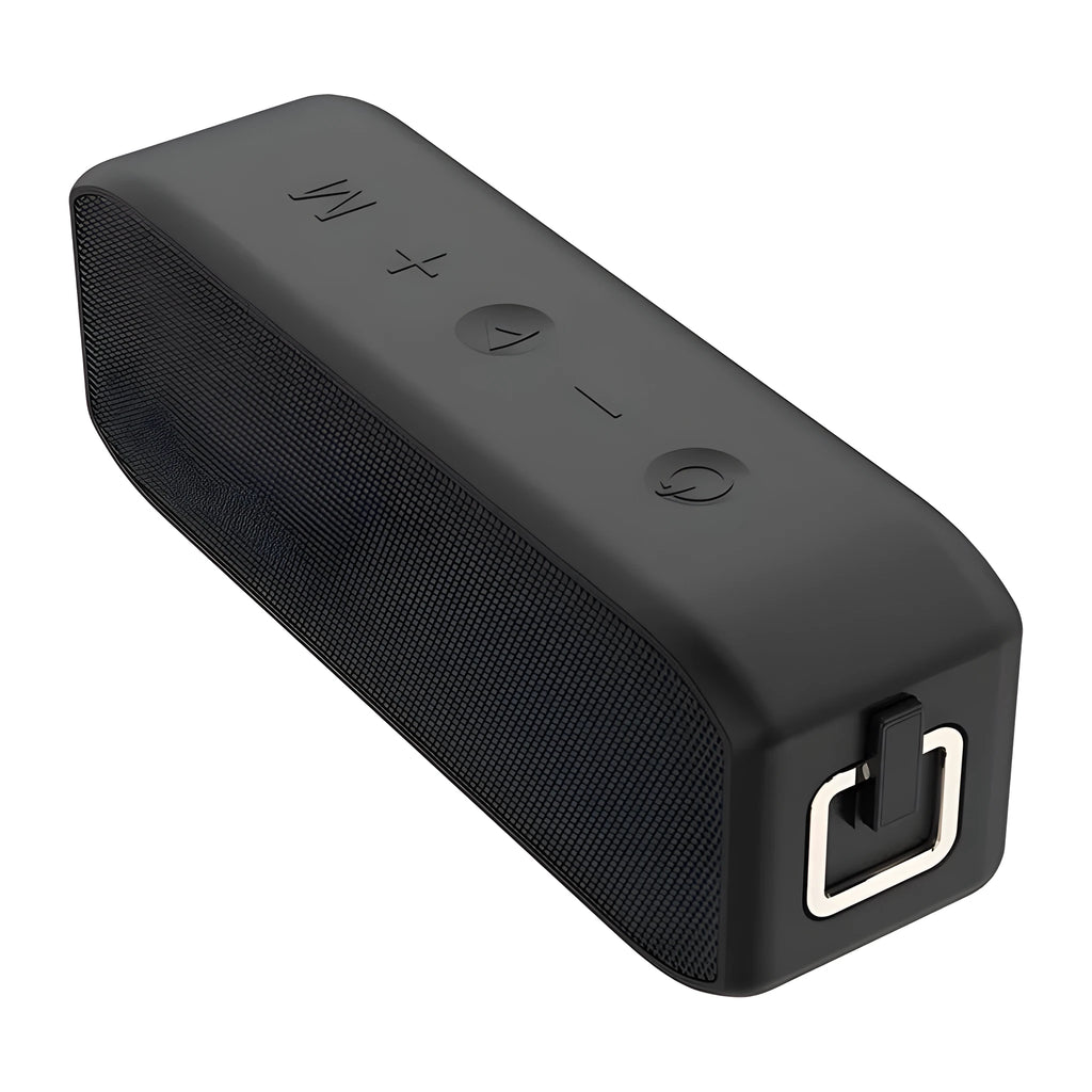 Black waterproof wireless Bluetooth speaker with control buttons and connectivity ports