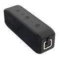 Black waterproof wireless Bluetooth speaker with control buttons and connectivity ports