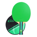 Colourful pure wood table tennis racket with a long handle for shakehand grip, shown with its matching protective cover bag.