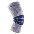 Adult sports knee pad in black and blue colour, made from nylon and spandex material.