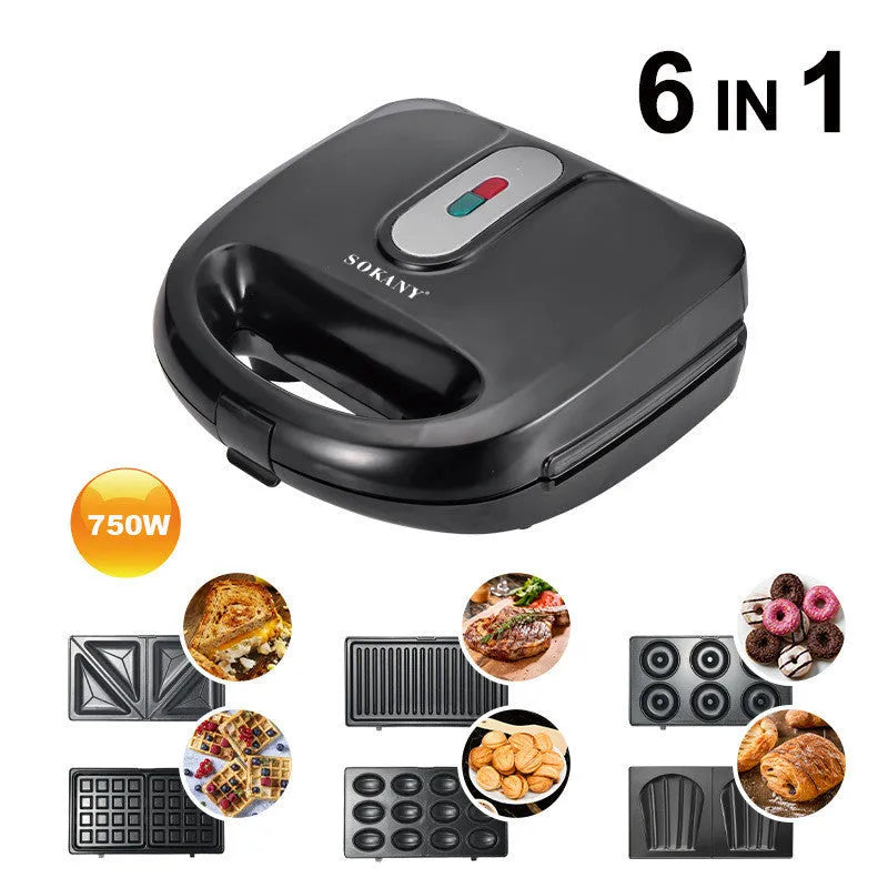 Black double-sided electric sandwich maker with stainless steel lid and six round non-stick cooking plates.