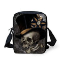 Skull pattern children's messenger bag with double shoulder straps showing internal zipper pocket