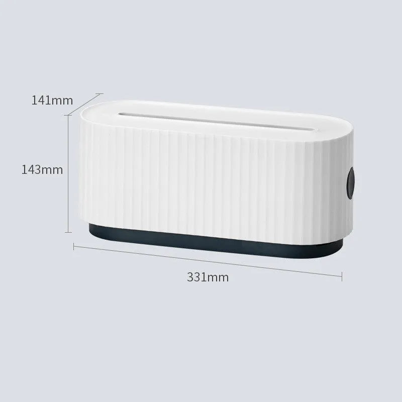 Blue HIPS power strip storage box with double-buckle lid and phone slot on a desk, 331x143x141mm