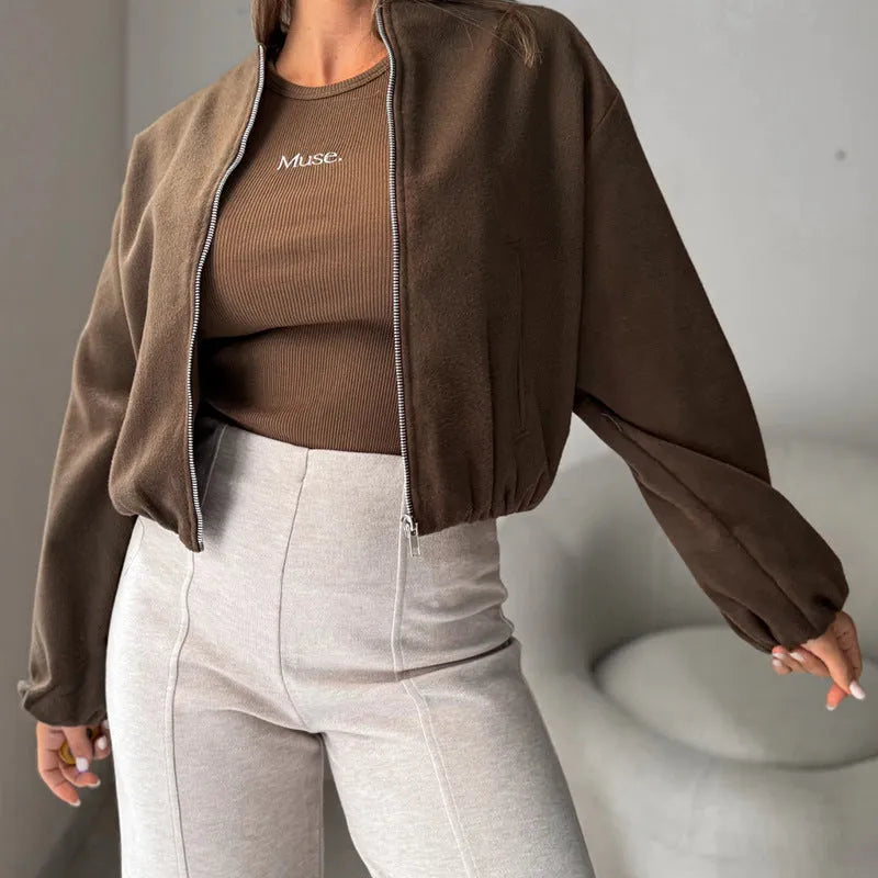 Women's off-shoulder short coat with lantern sleeves in milky white or brown