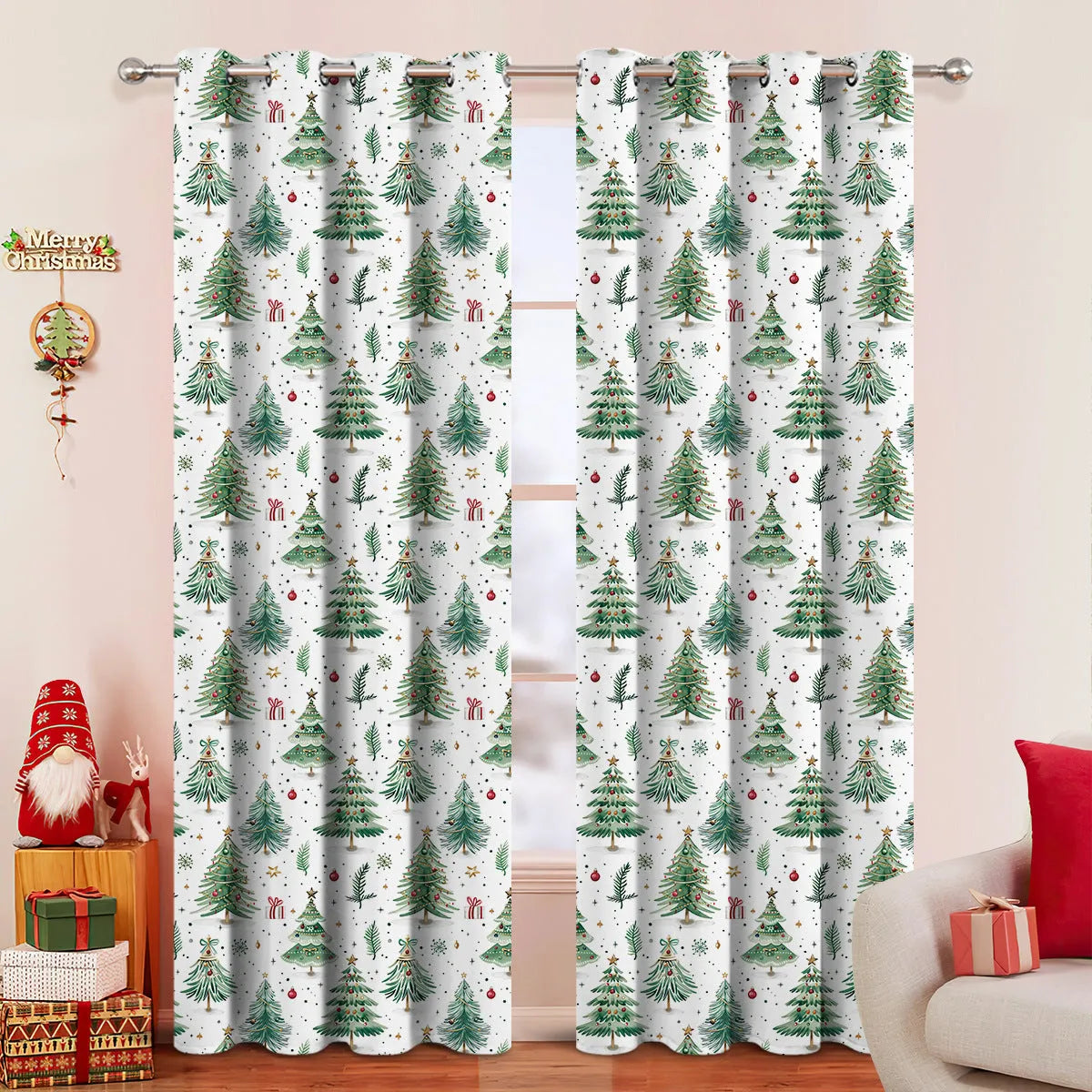 Christmas forest punching pattern polyester curtain hanging on window with sunshade function