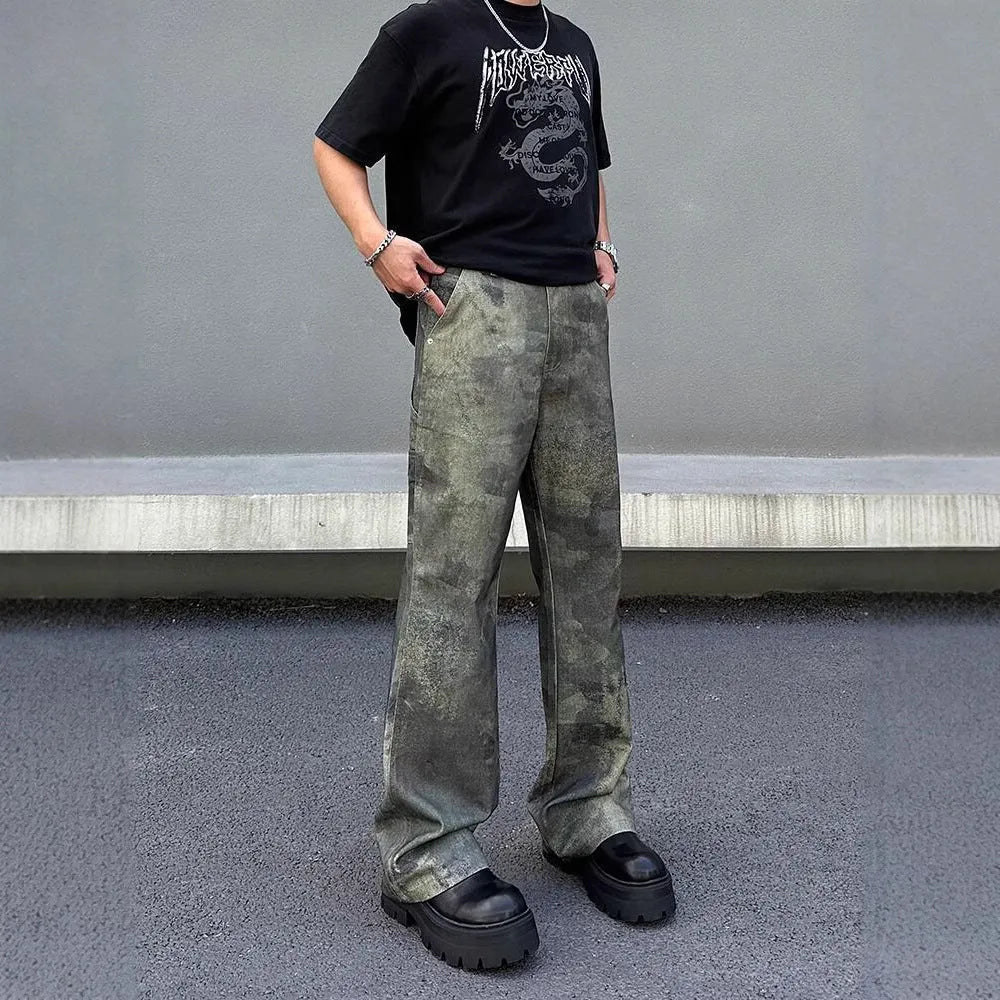Men's straight-leg camouflage jeans with digital injection pattern in cotton denim fabric