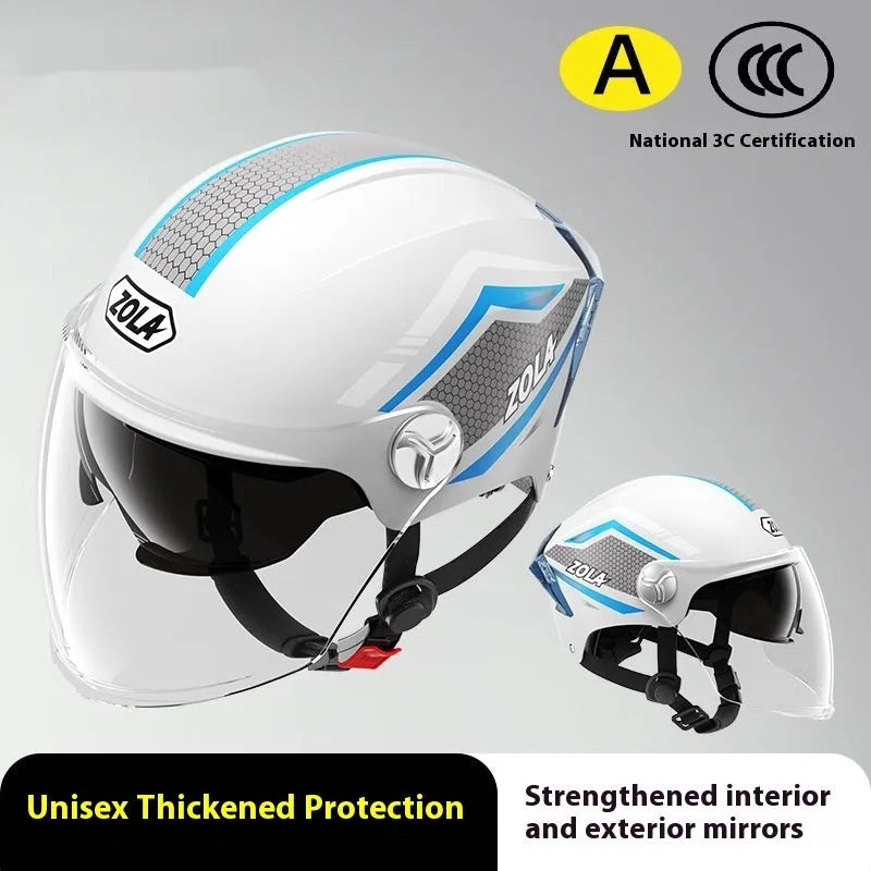A light brown 3C certified motorcycle half helmet with a double mirror visor on a stand.