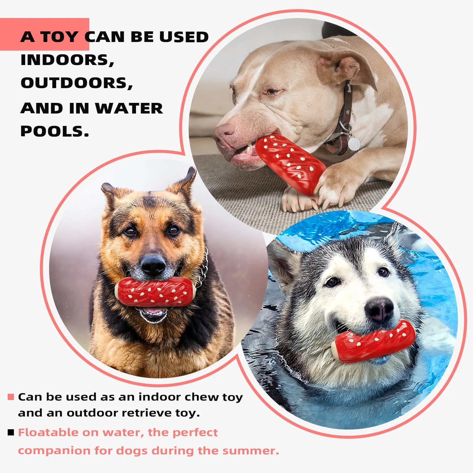 A primary coloured plastic molar rod-shaped dog chew toy.