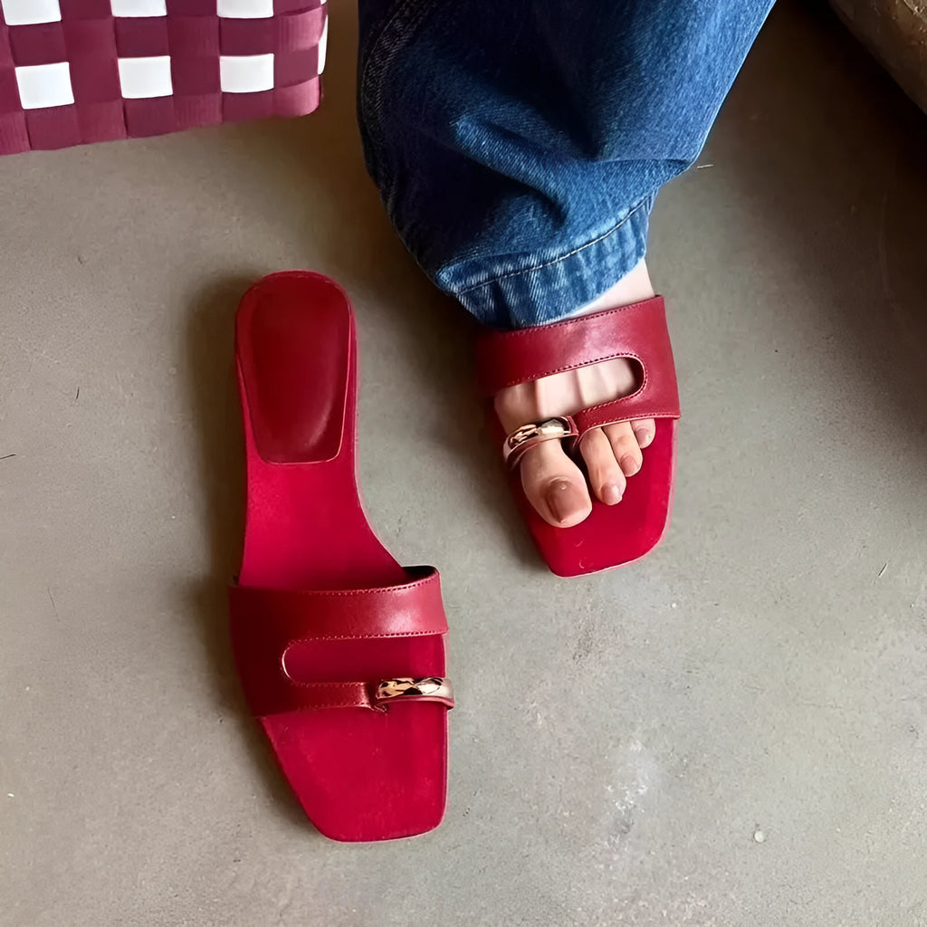 Square toe leather and rubber plus size outdoor slippers in red, shown from the side.