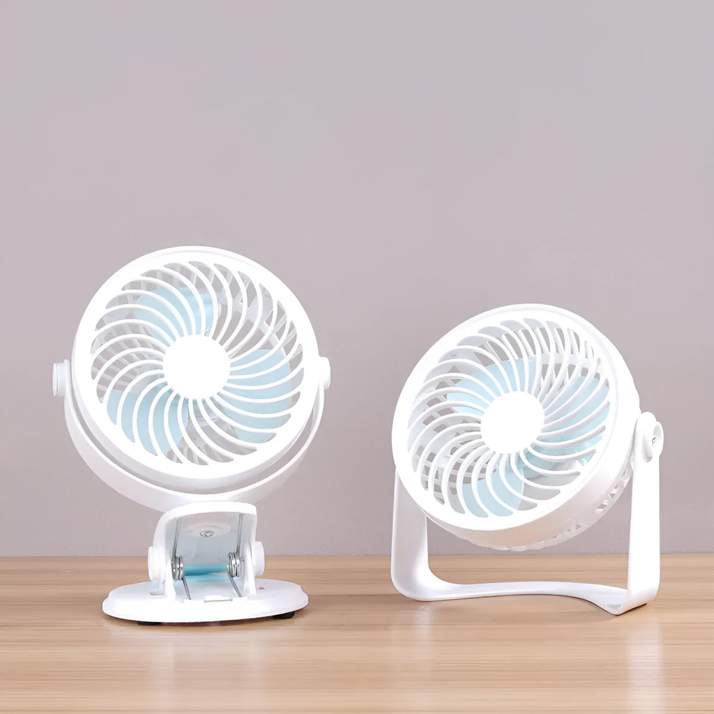 Mini USB desk fan shown in clip-on and floor-standing styles on a wooden desk.