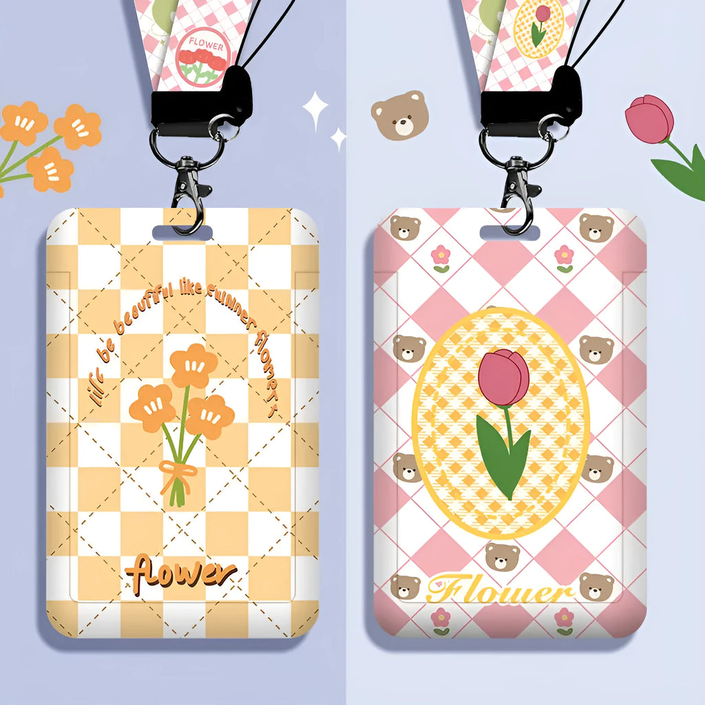 Cartoon-style plastic ID card sleeve and lanyard set with keychain, shown in Bear Rose design.