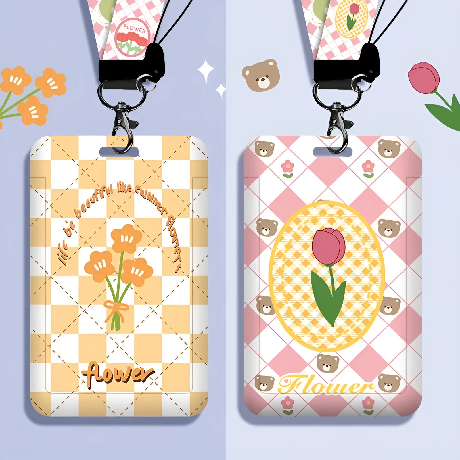 Cartoon-style plastic ID card sleeve and lanyard set with keychain, shown in Bear Rose design.