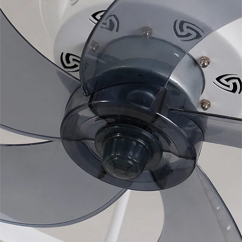 Nordic style ceiling fan light with wooden blades and a white lamp housing, showing remote control.