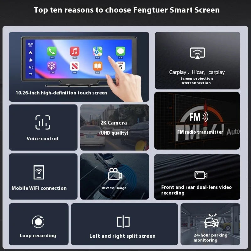 10-inch car touchscreen smart display with CarPlay and front and rear driving recorder camera