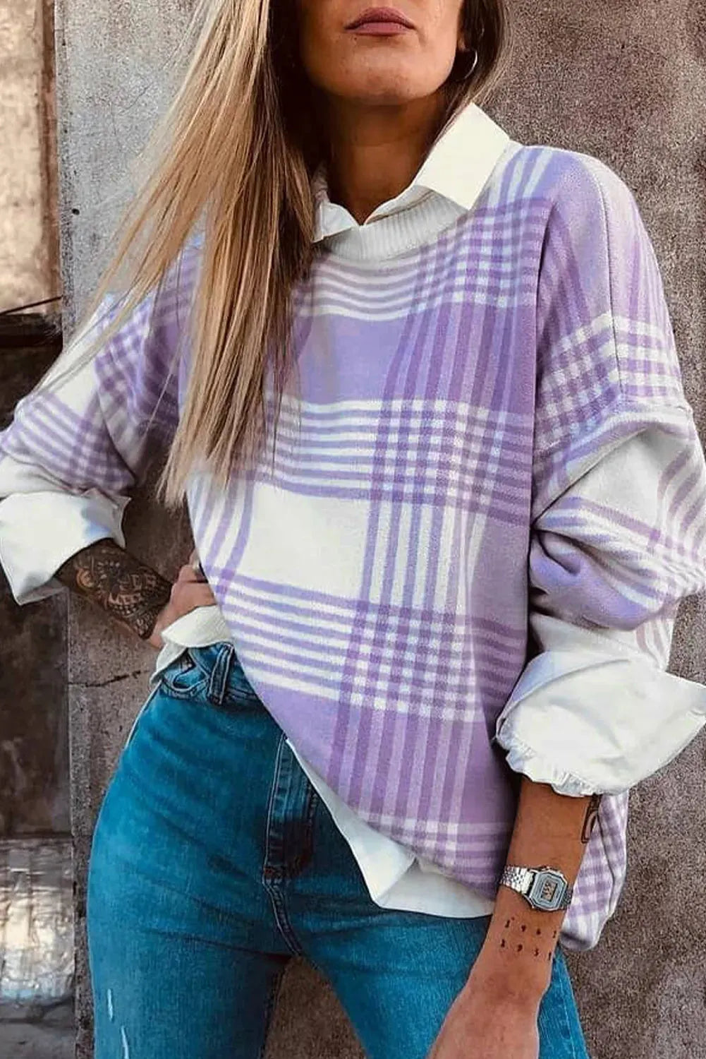 Lilac plaid print loose knit sweater with ribbed trim on cuffs and hem