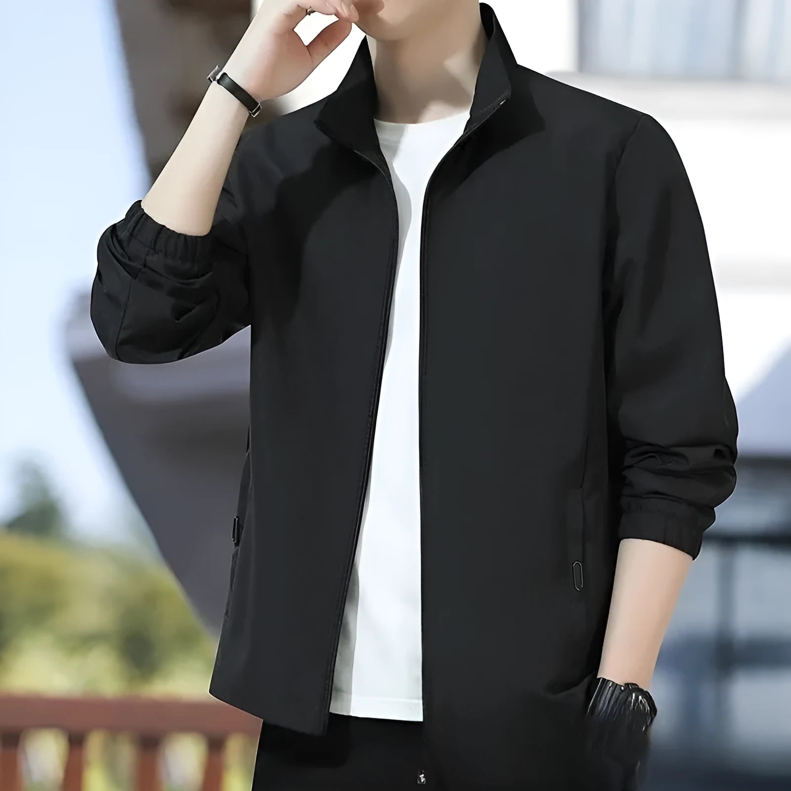 Men's Korean style loose lapel casual jacket in blue with zipper pockets.