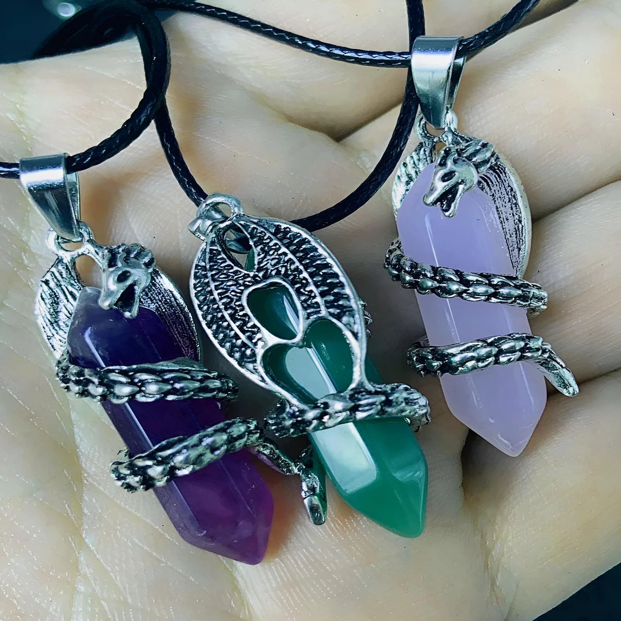 Fashion crystal flying dragon pendant necklace in amethyst colour with polished finish on a chain