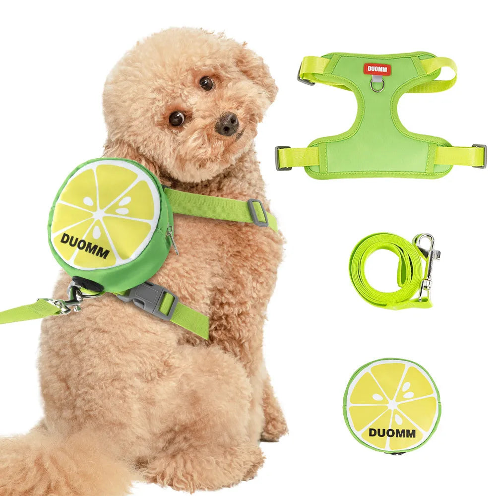 Fruit-themed pet backpack and matching anti-slip chest harness set for dogs and cats