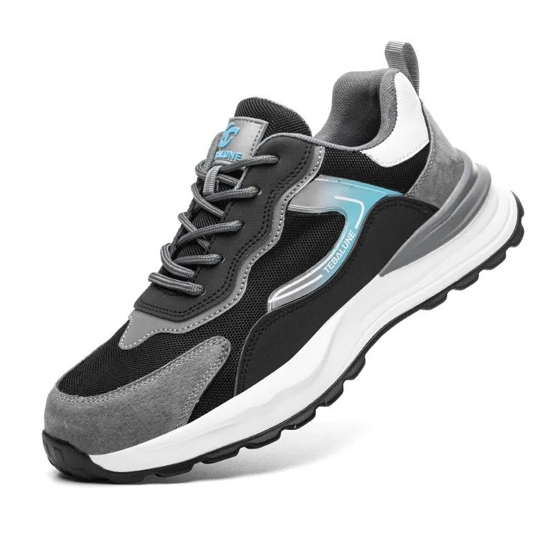 Men's low-top work shoes in Four Seasons colour with suede and mesh upper, steel toe cap, and lace-up fastening.
