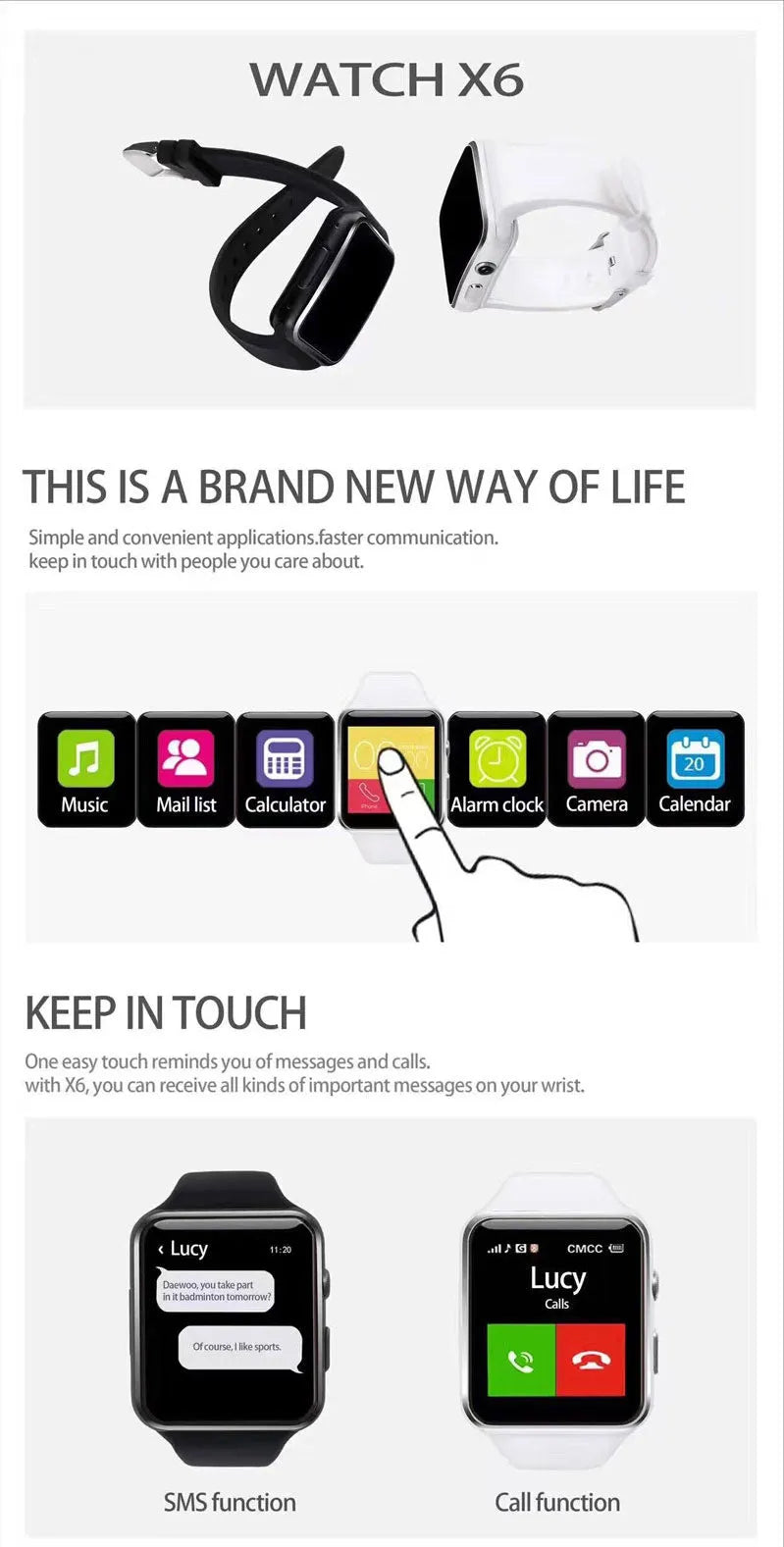 Black smartwatch with 1.54 inch touch screen on a silicone strap, showing a watch face with step count.