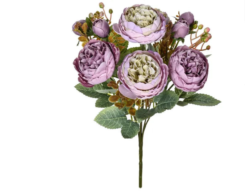 Artificial silk peony flower bouquet in champagne, pink, purple, sand red, or white for home and event decoration.