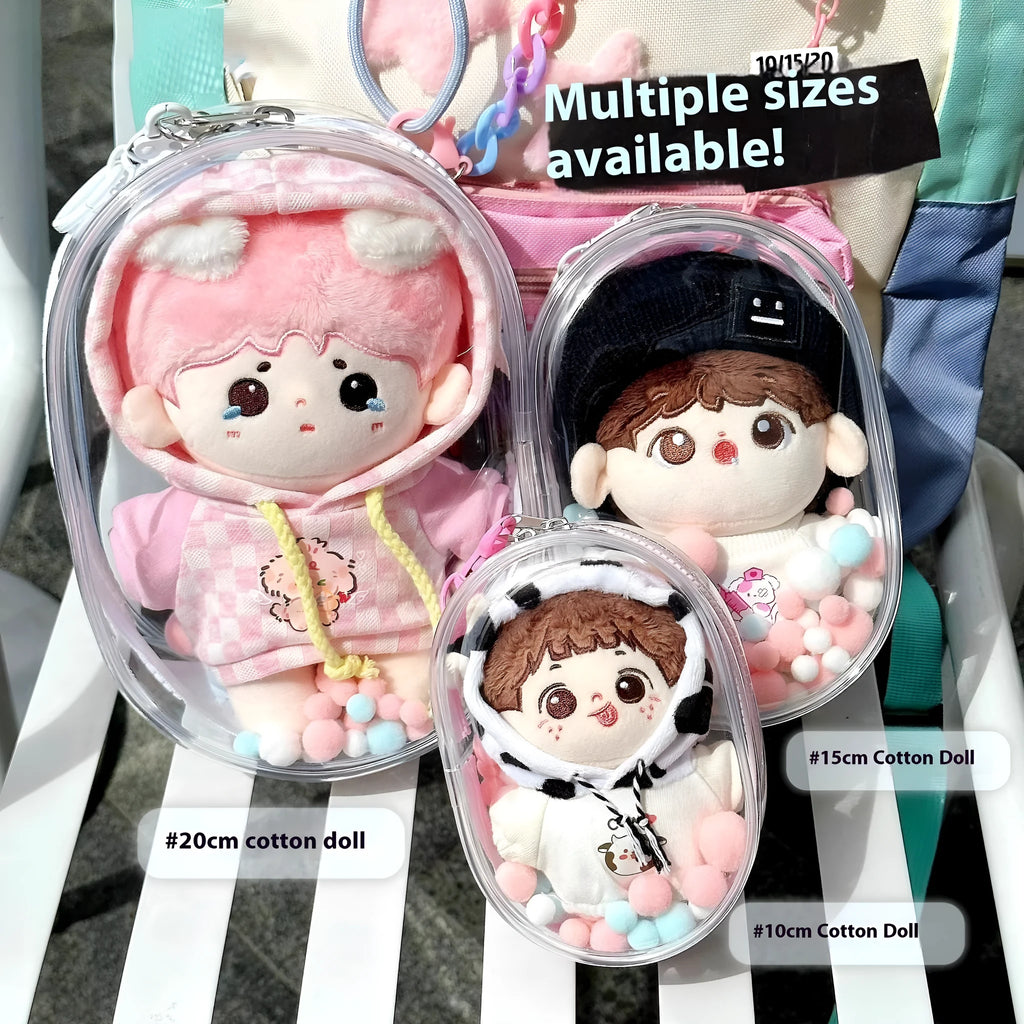 Transparent PVC cube storage bag with keychain for doll clothes and small items.