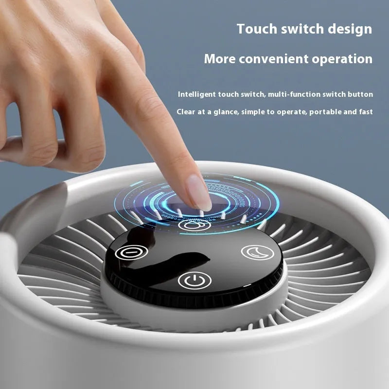 White desktop air purifier with USB cable for small room air cleaning