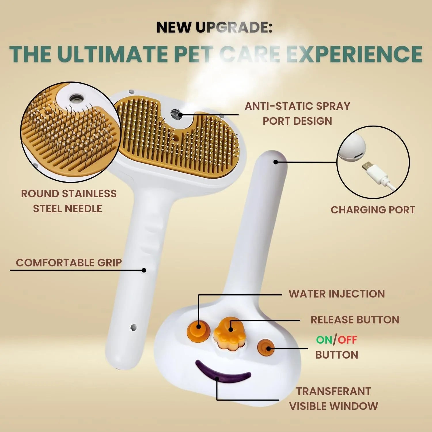 White pet grooming brush with steam function and self-cleaning mechanism for dogs and cats