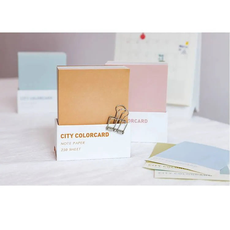 City-themed memo note cards showing four colour designs at 75x95mm size