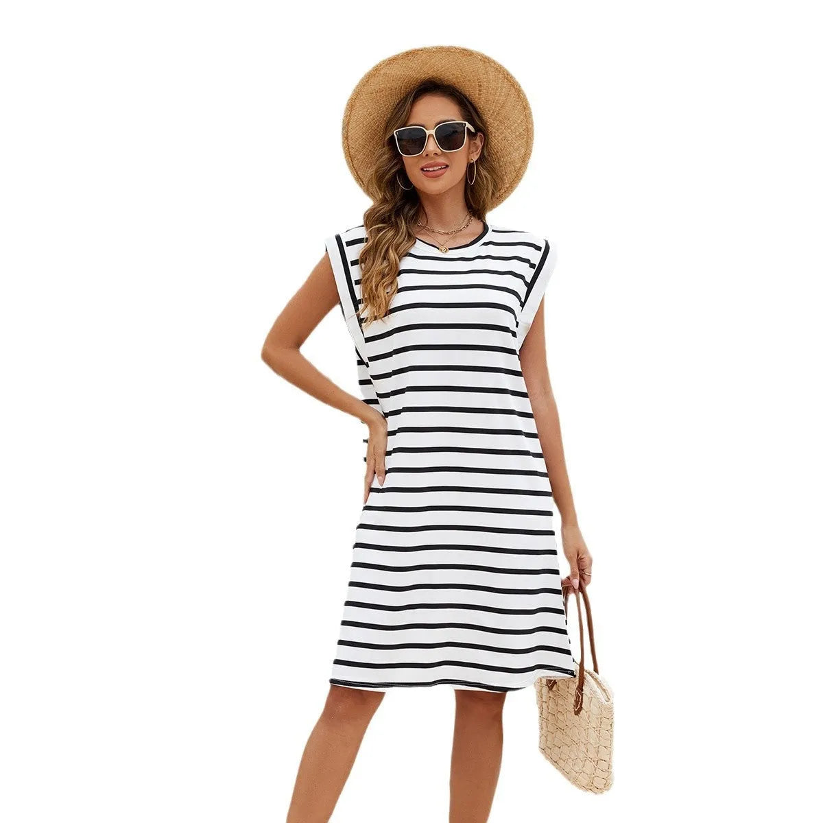 Black and white striped polyester beach cover-up blouse for women on a hanger