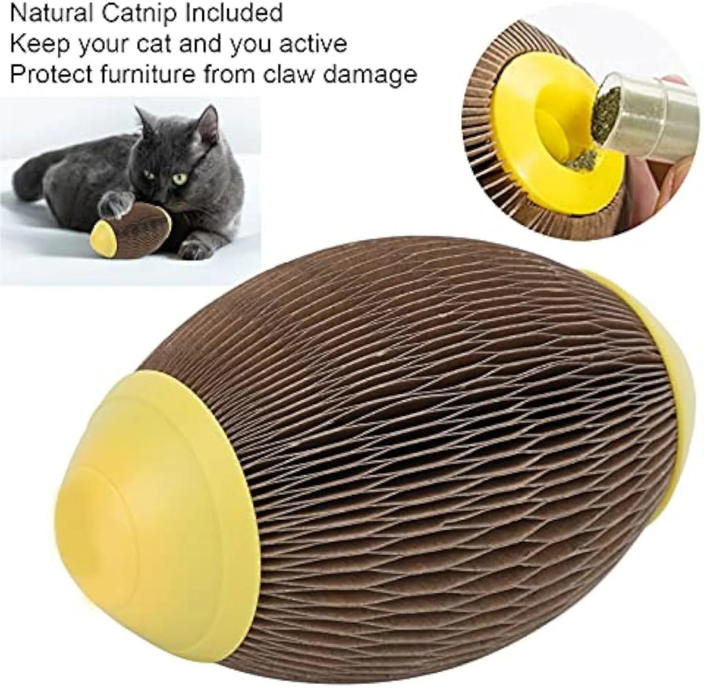 Elliptical corrugated paper catnip ball toy for cats with scratch surface and catnip cavity