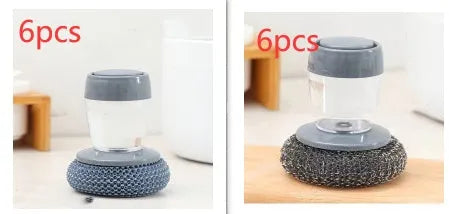 Kitchen palm brush with integrated push-type soap dispenser and bristles for scrubbing.