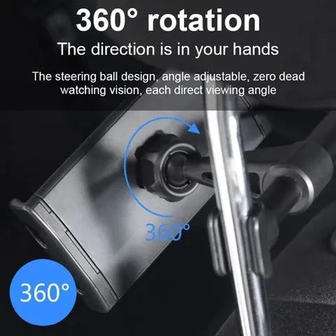 Black universal car phone and tablet holder mounted on a rear seat base.