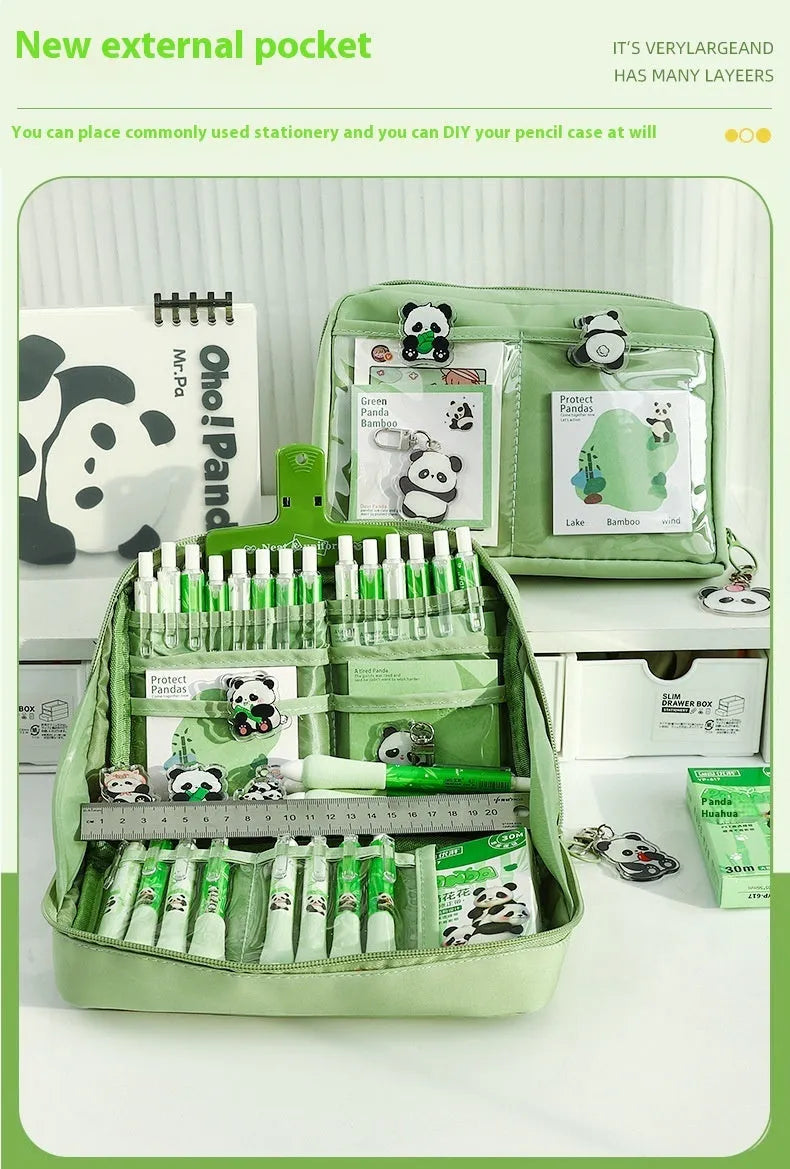Green canvas panda pencil case with 12-layer organisation showing Korean style design
