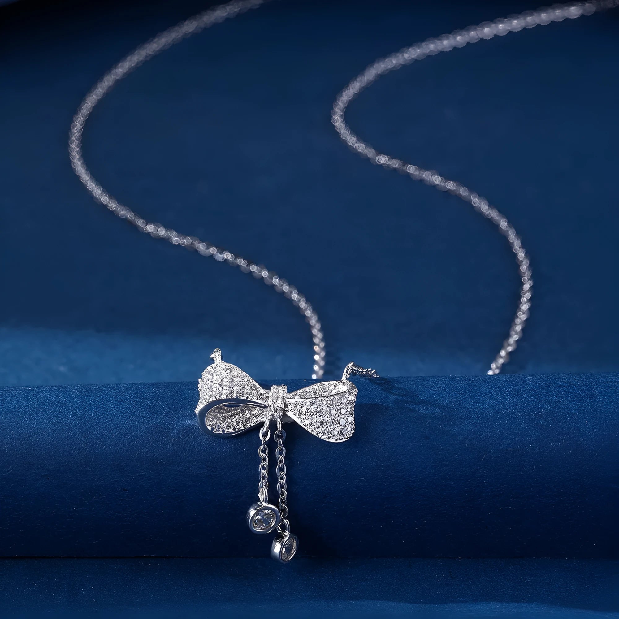 S925 sterling silver bow pendant necklace with adjustable chain for women
